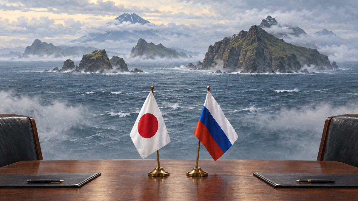 Volcanic islands and Japanese and Russian flags illustrate a territorial dispute.