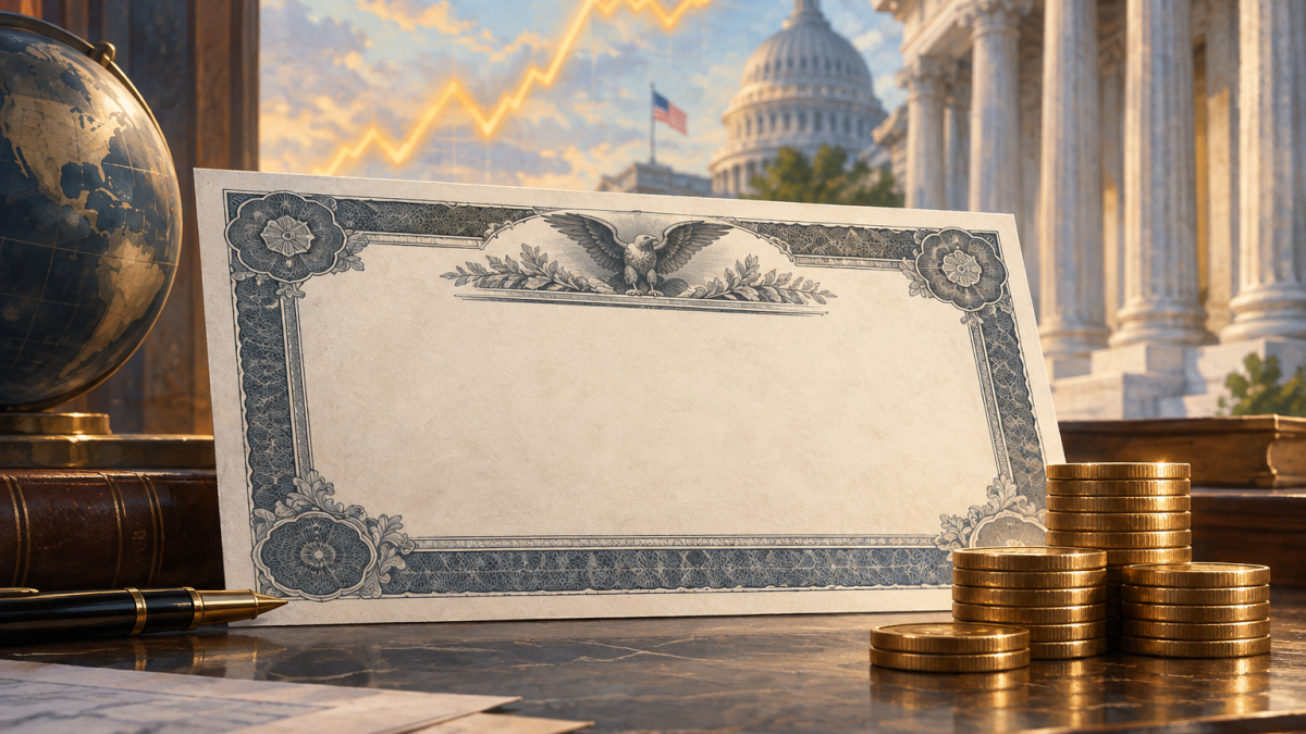 A bond certificate, coins and an upward line illustrate rising government bond yields.