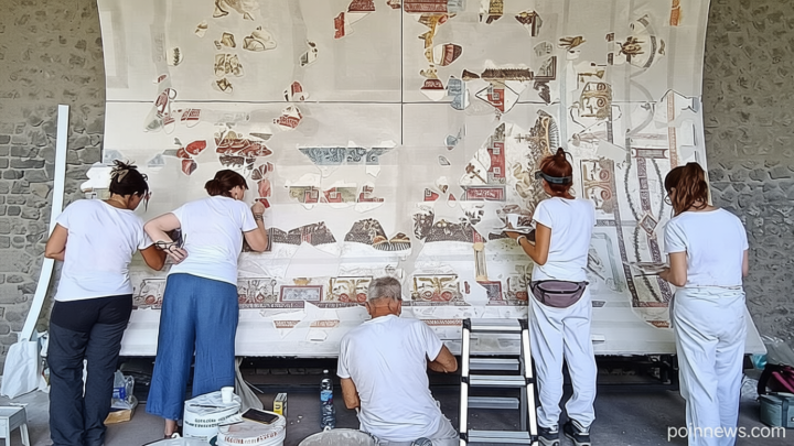 Pompeii unveils reconstructed frescoed banquet hall ceiling, as restoration continues