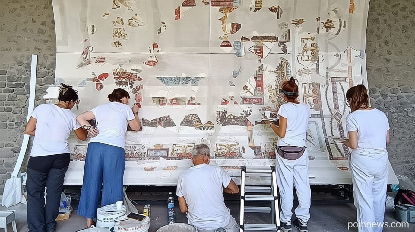 Pompeii unveils reconstructed frescoed banquet hall ceiling, as restoration continues