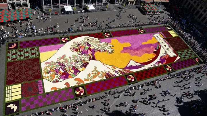 Brussels central square transformed into giant Japan-inspired flower carpet