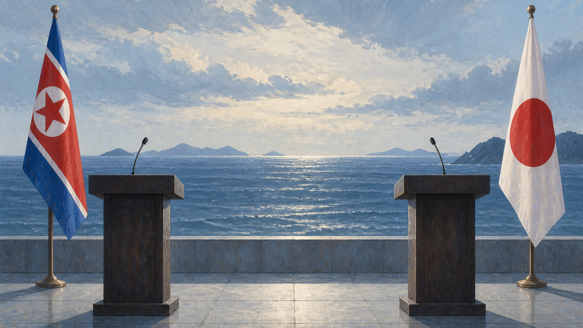 Conceptual illustration of diplomatic tension between North Korea and Japan.