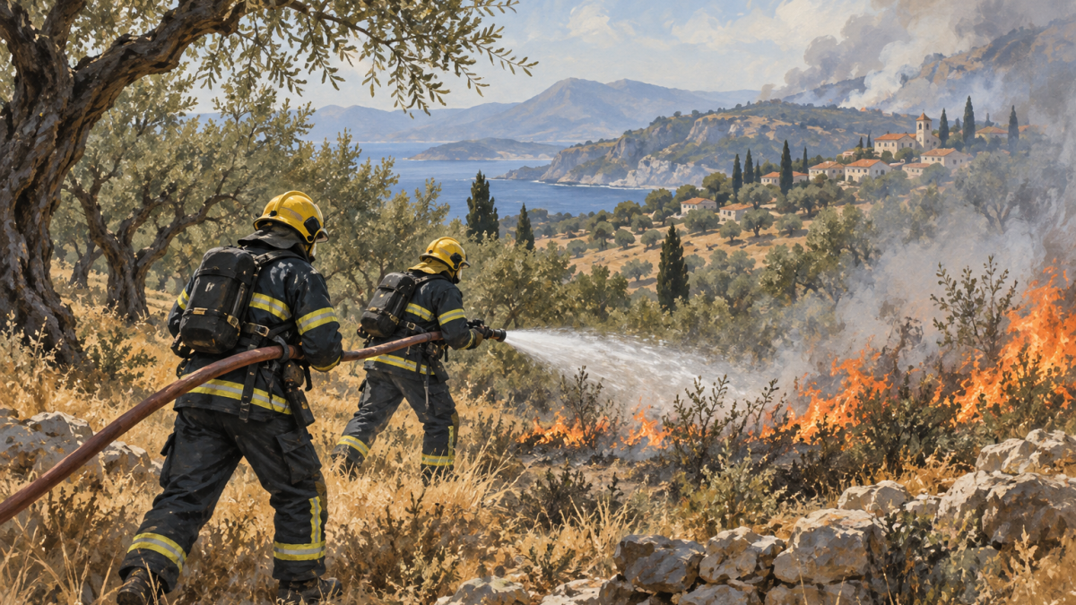 Illustration of firefighters containing a brush fire in a dry Greek landscape.