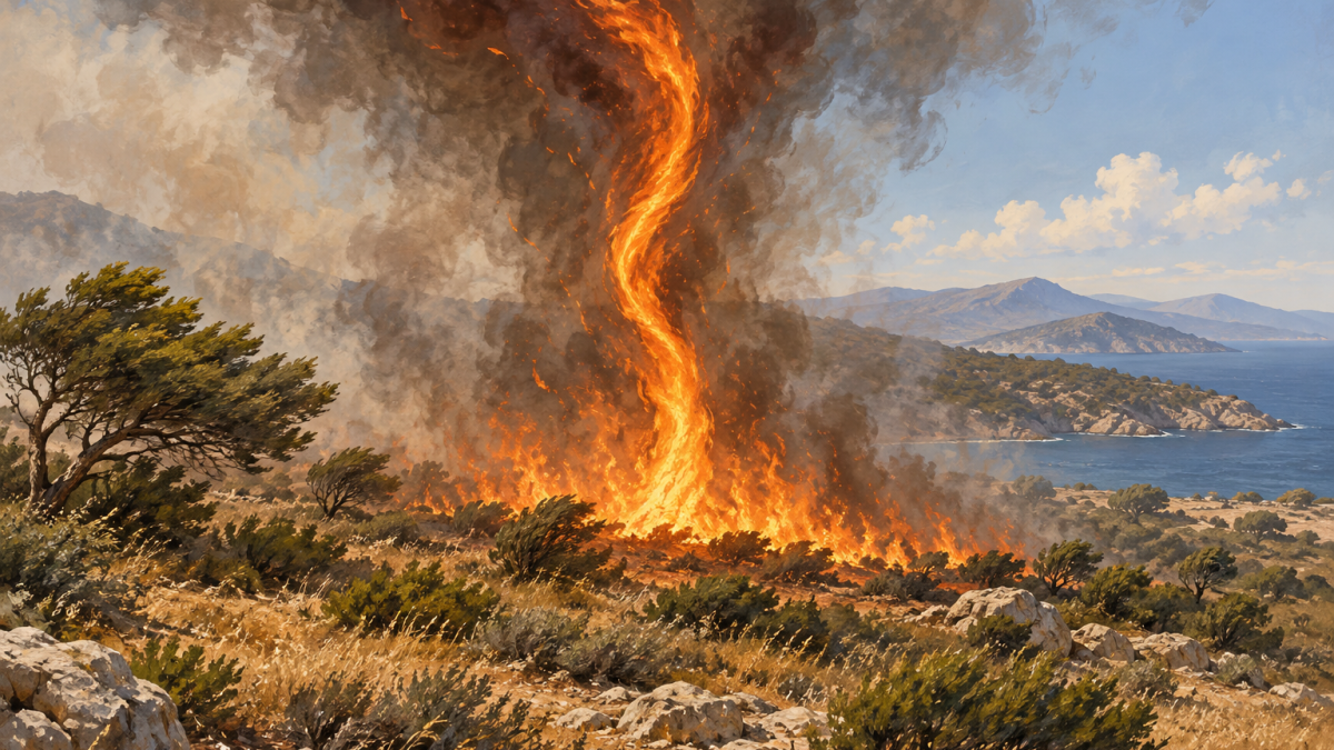 Illustration of a rotating fire whirl above dry vegetation in a wildfire.