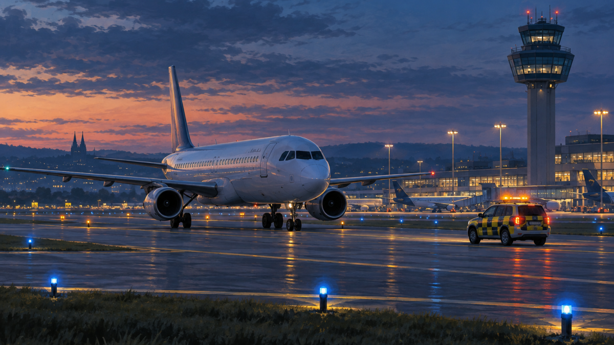 Illustration of a paused airport operation with an aircraft, control tower and security vehicle.