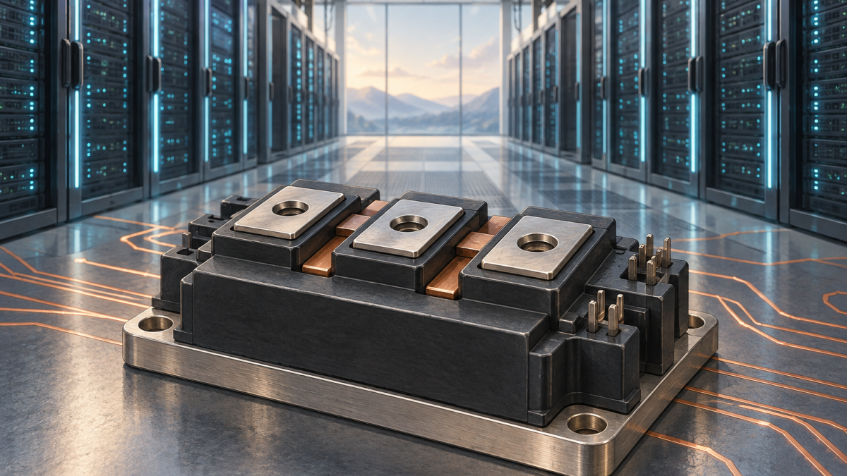 A power semiconductor and server racks illustrate demand from AI data centres.