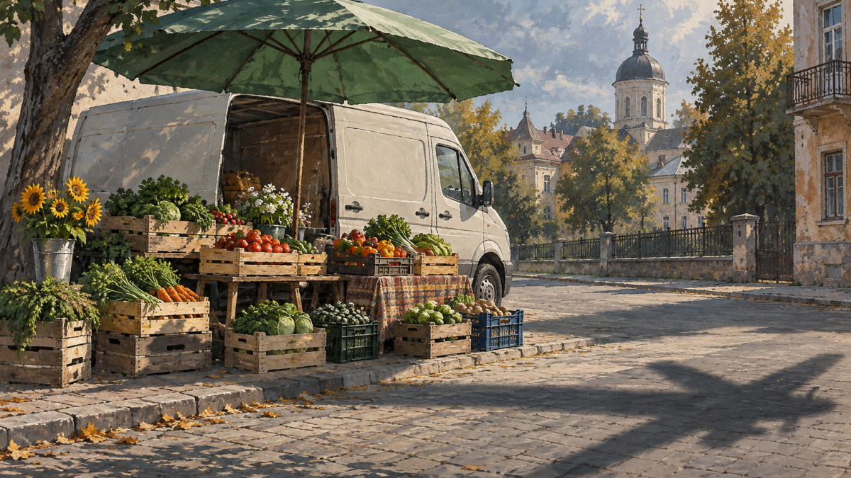 Vegetable crates and a market van illustrate civilian livelihoods under the shadow of war.