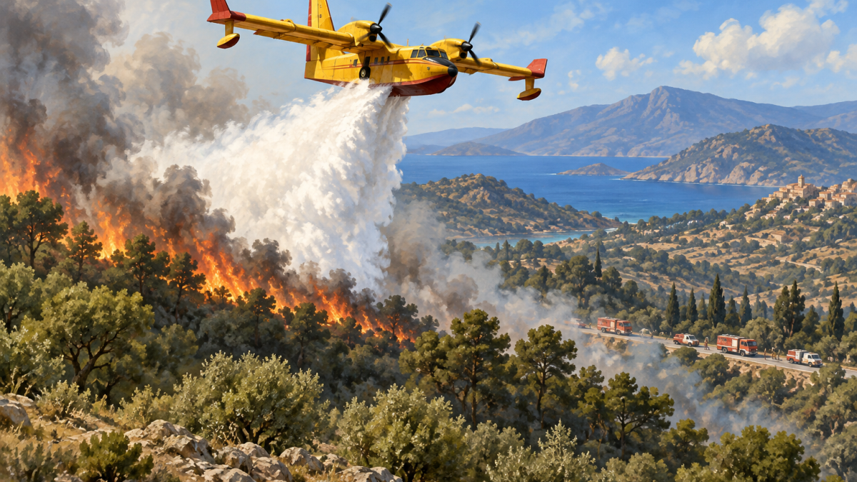 A water-bombing aircraft and ground crews illustrate a coordinated wildfire response.