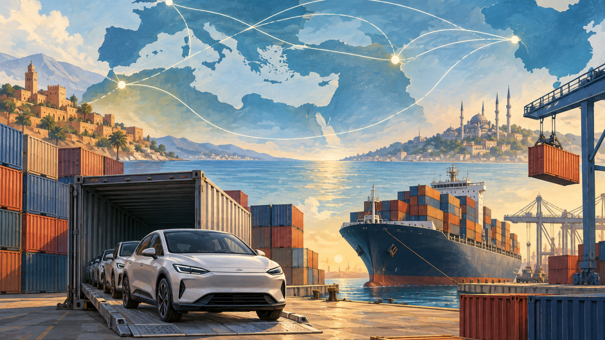 Containers, a cargo ship and an electric car illustrate changing international trade routes.