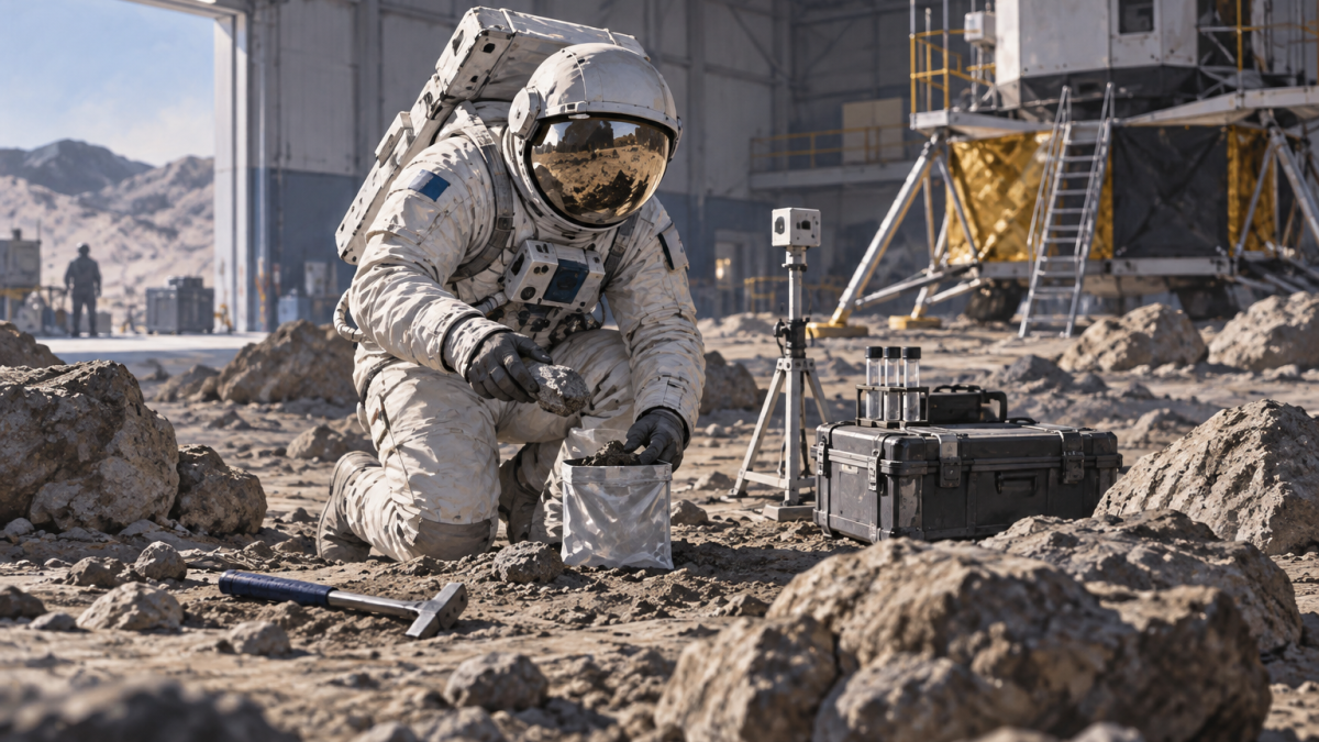 Illustration of an astronaut practising lunar fieldwork in a terrestrial training environment.