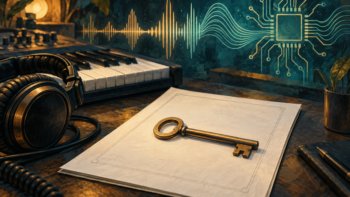 A keyboard, headphones and licensing document illustrate rights and permissions for AI-generated music.