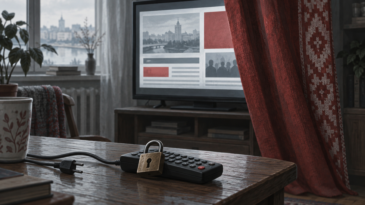 A television, curtain and padlock symbolise restricted access to news.